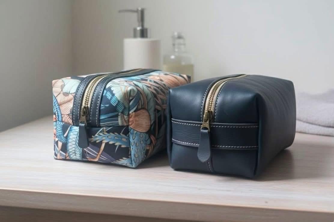 Dopp kits on a bathroom counter