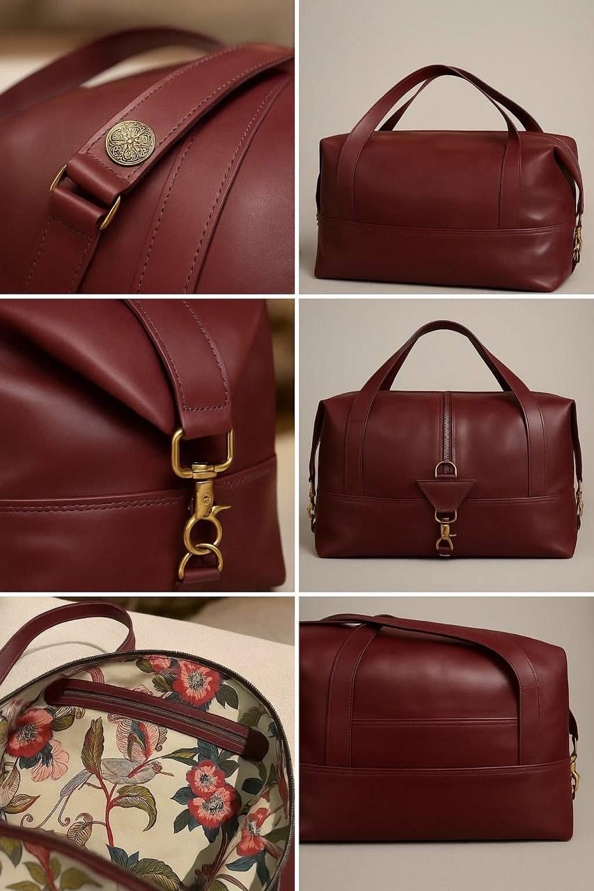 Burgundy duffle bag, construction details