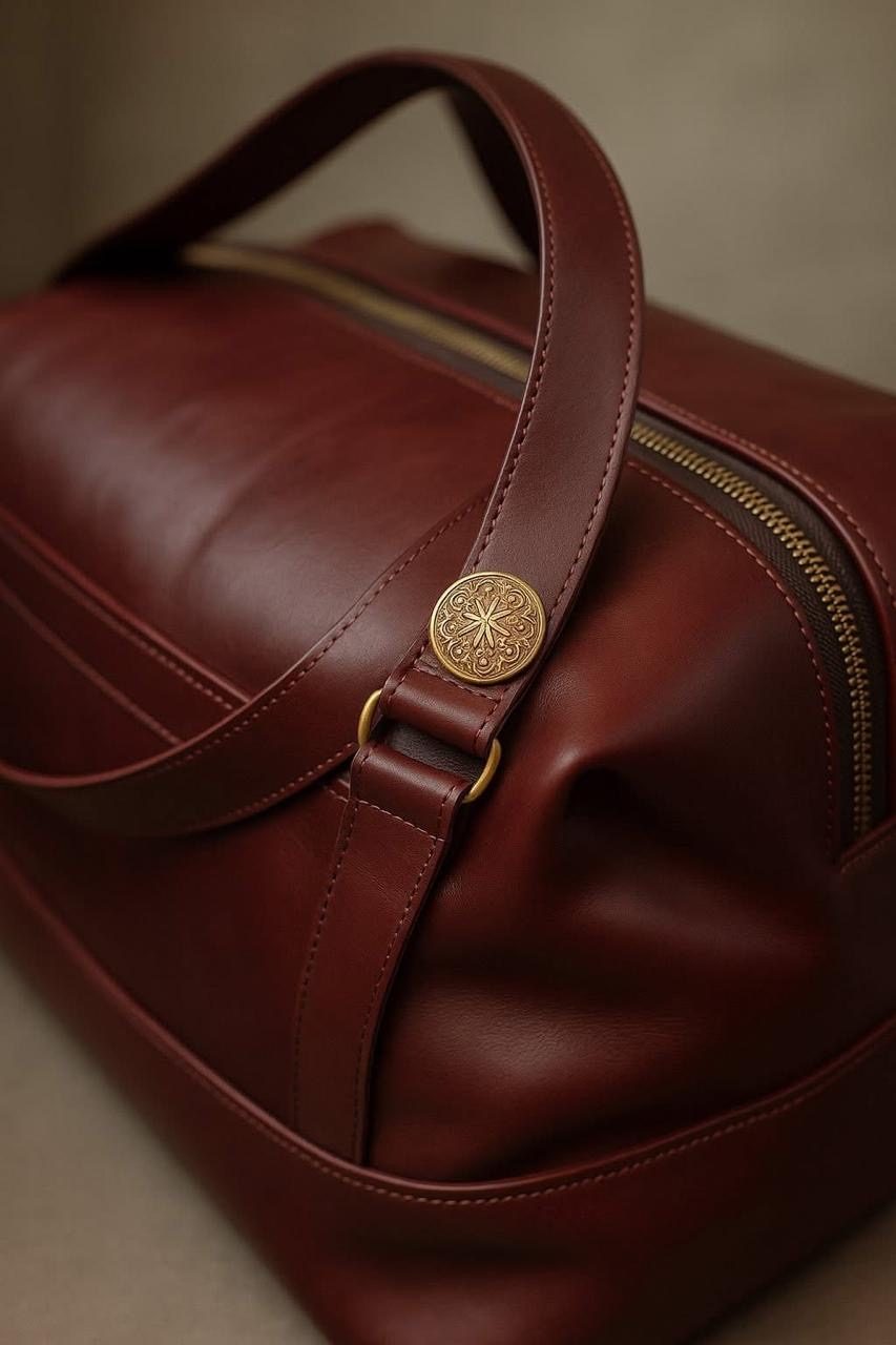 Burgundy duffle bag, hardware detail