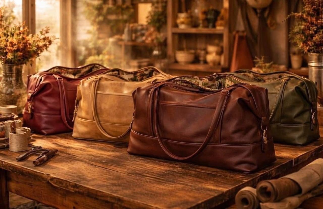Weekender bags in four leather colours on a wooden table