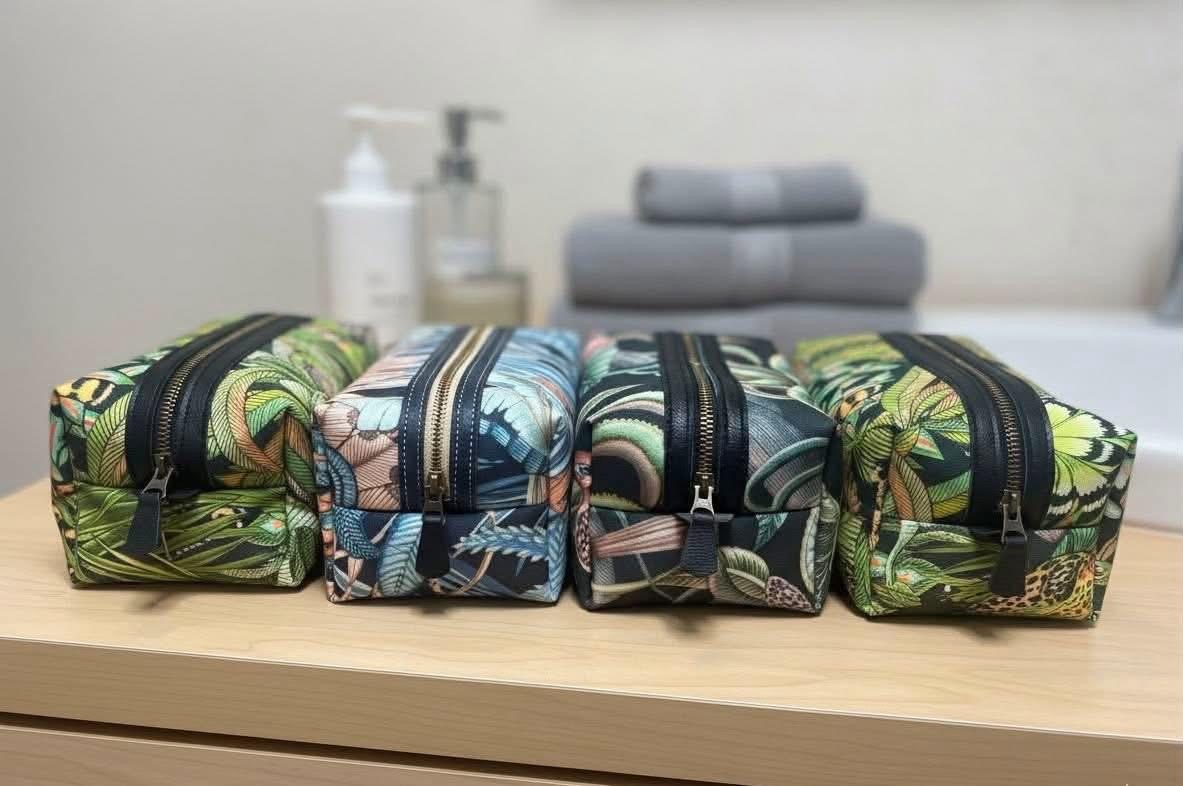 Botanical-print Dopp kits in a row