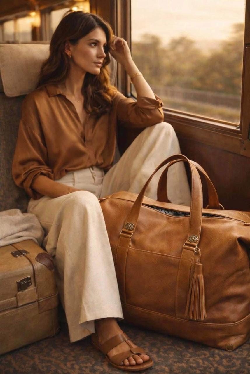 Tan leather weekender bag while travelling