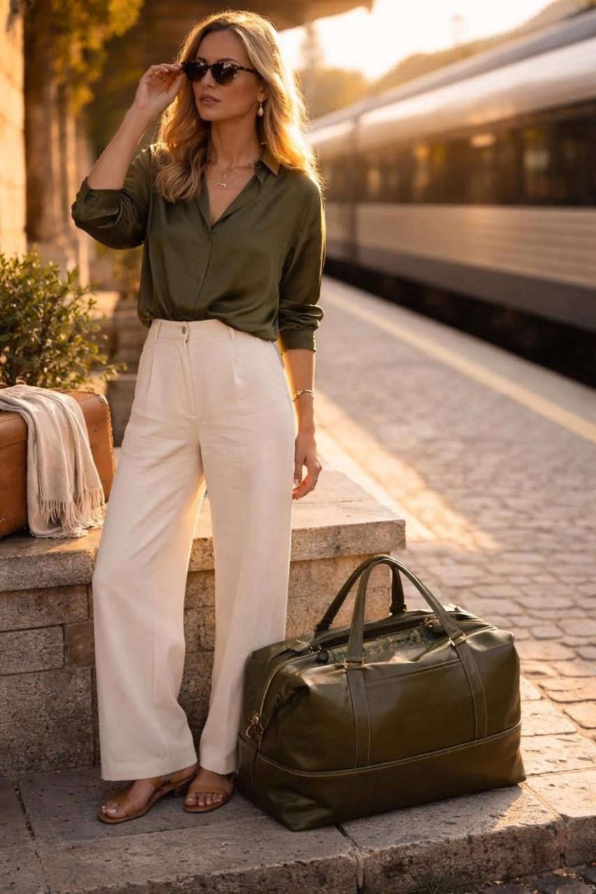Olive leather Heirloom Weekender at a train platform
