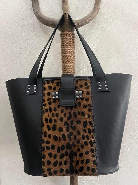 Black leather tote with leopard-print hide panel