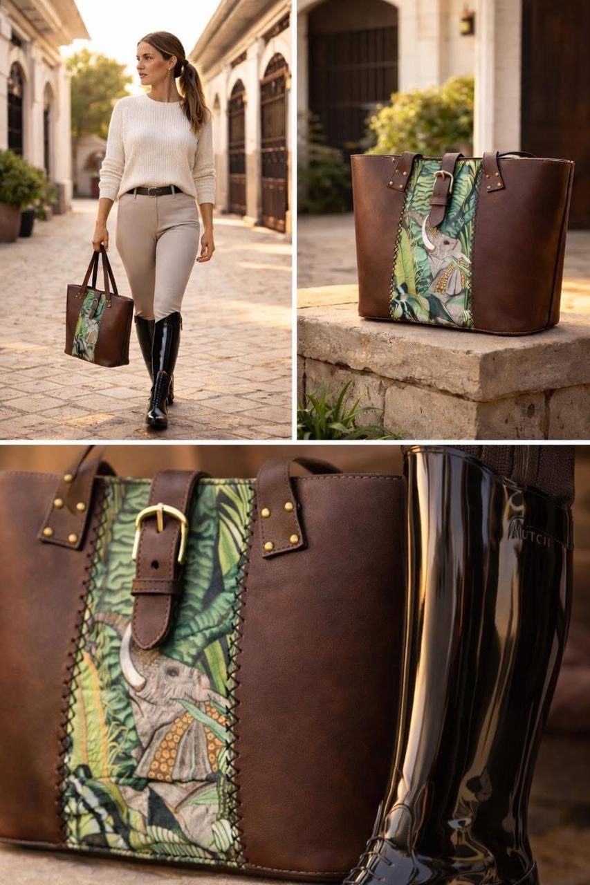 Brown leather tote with elephant tapestry panel, worn