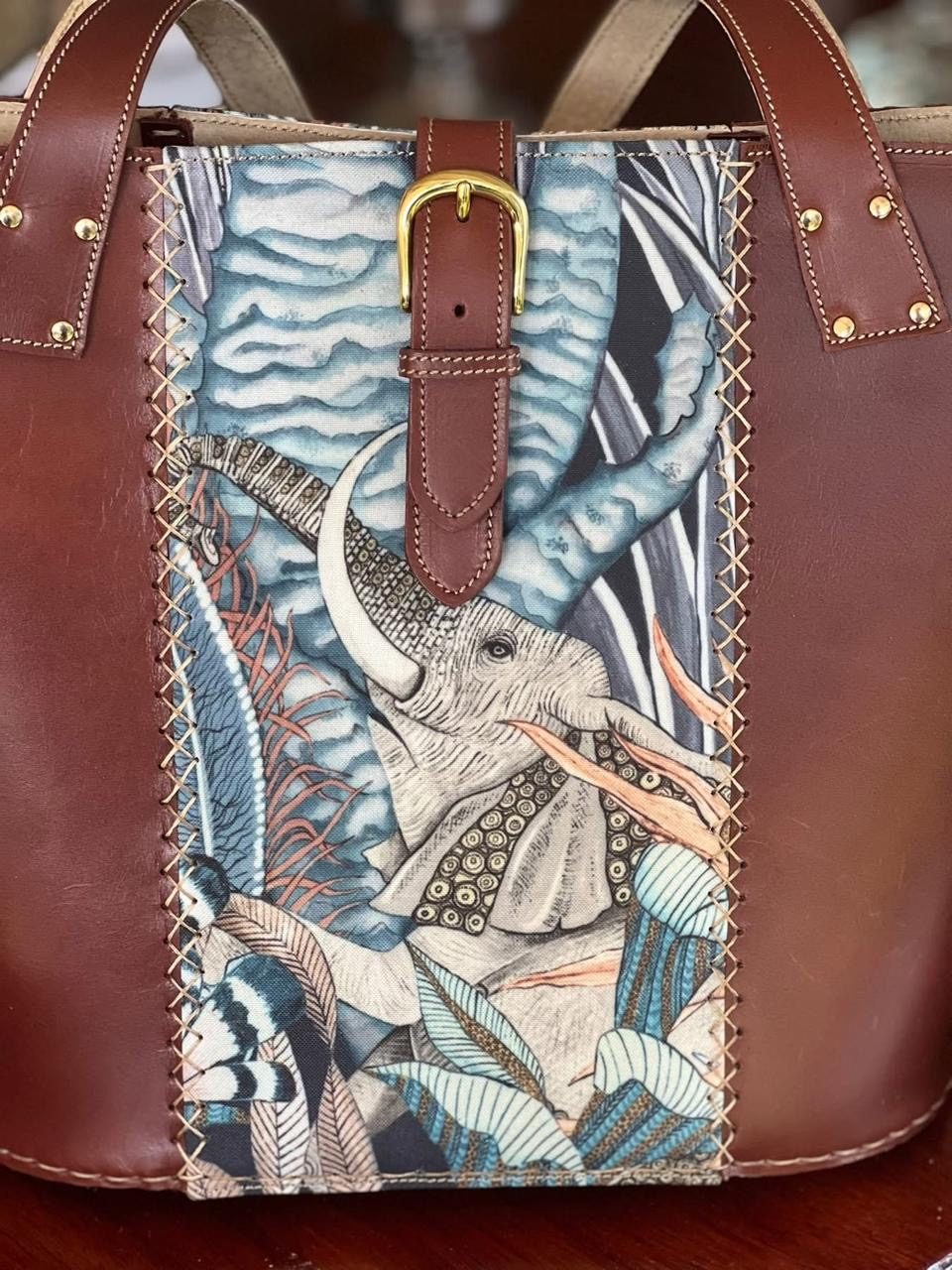 Hand-stitched elephant tapestry panel, close-up
