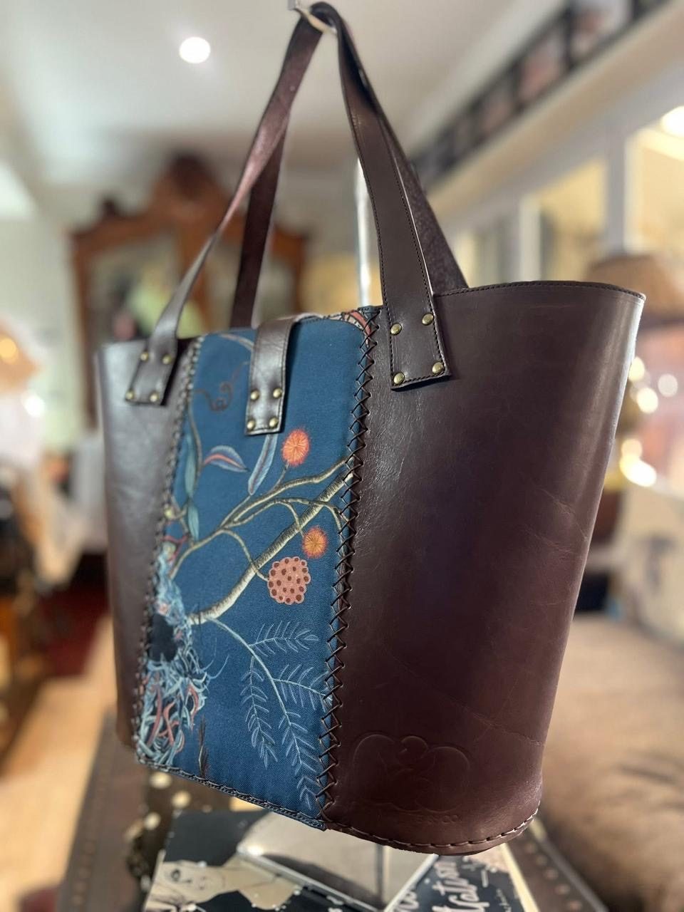 Espresso leather tote with floral branch panel