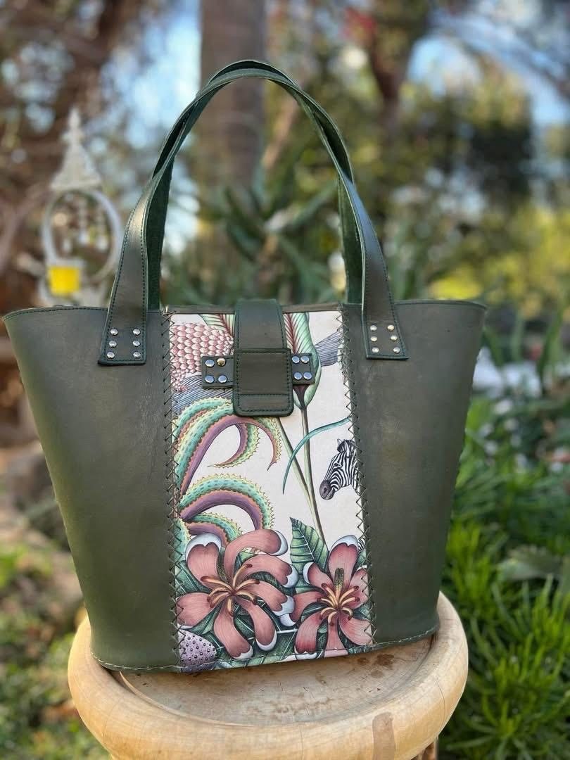 Green leather tote with zebra and floral panel, alternate angle