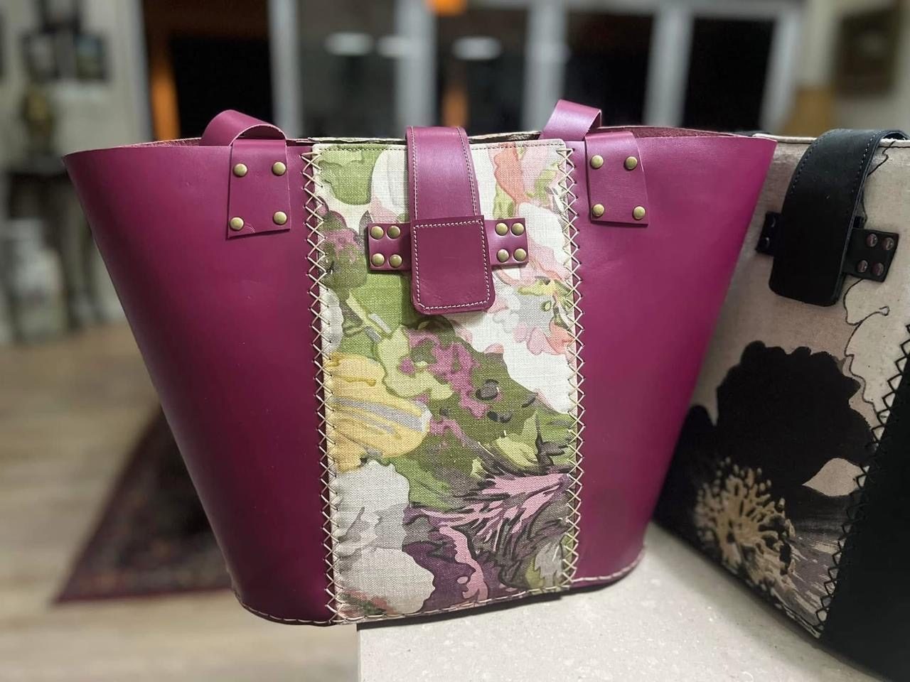 Magenta leather tote with floral panel