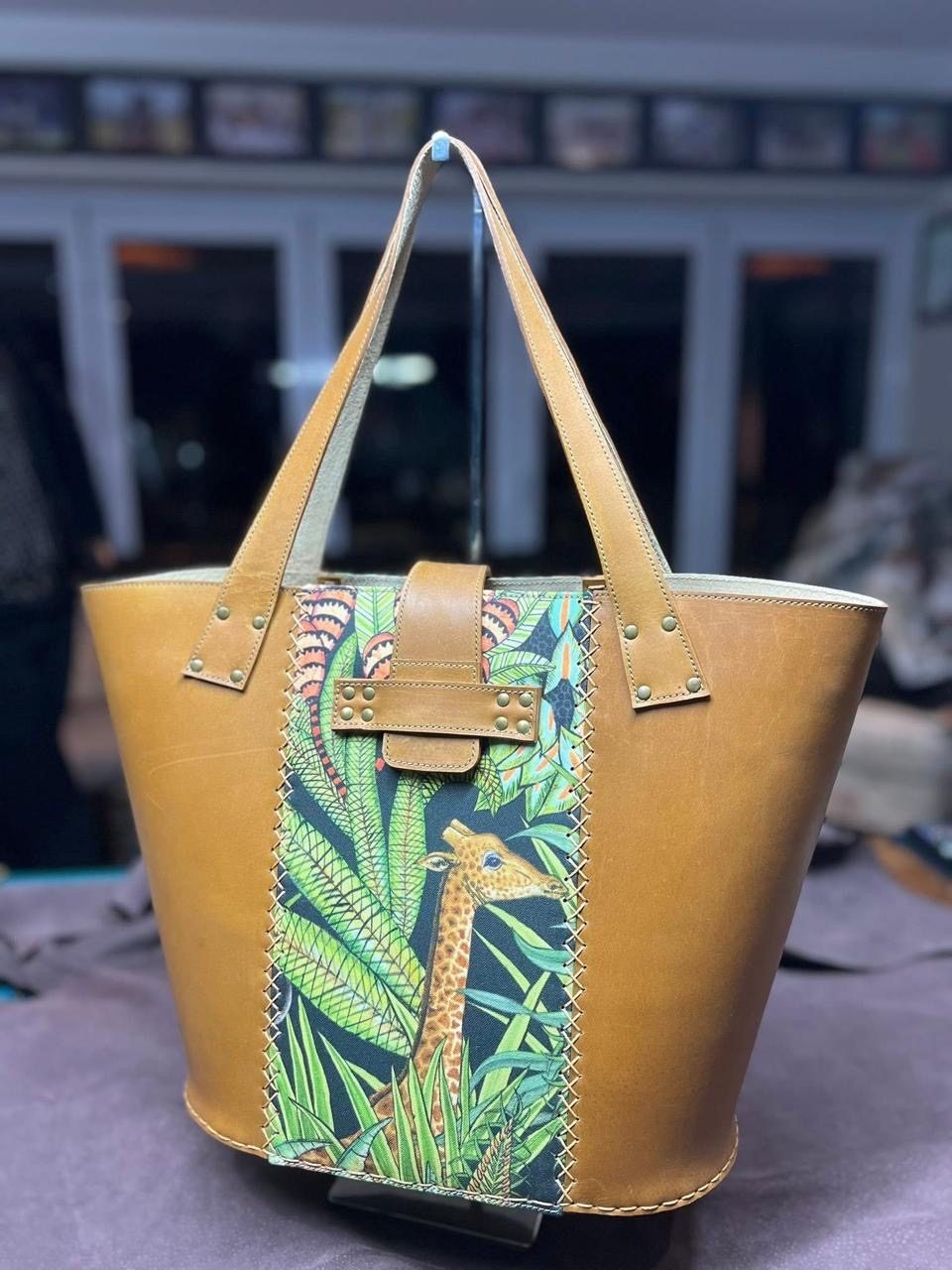Mustard leather tote with giraffe panel