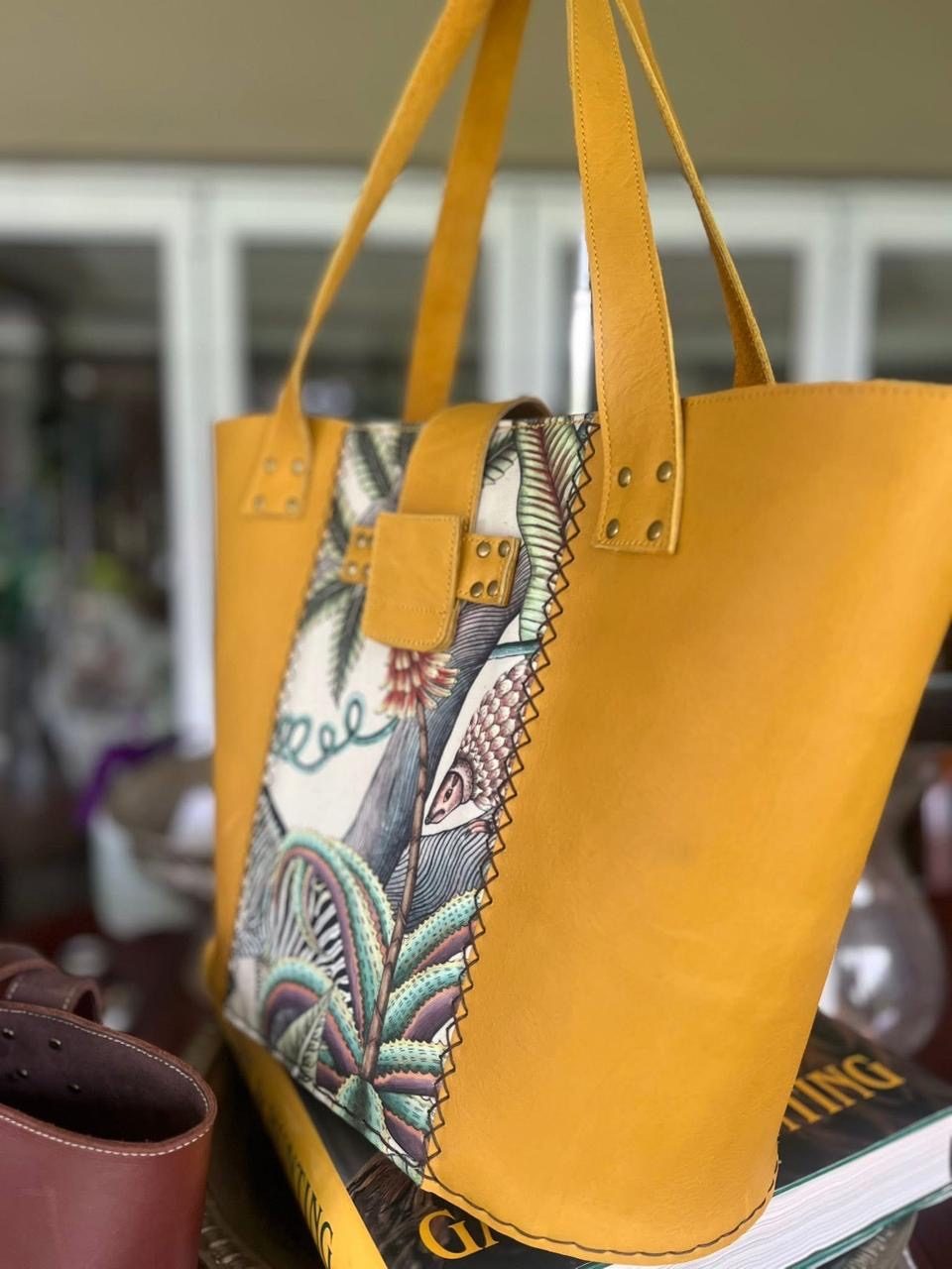 Mustard leather tote with zebra and aloe panel, alternate angle