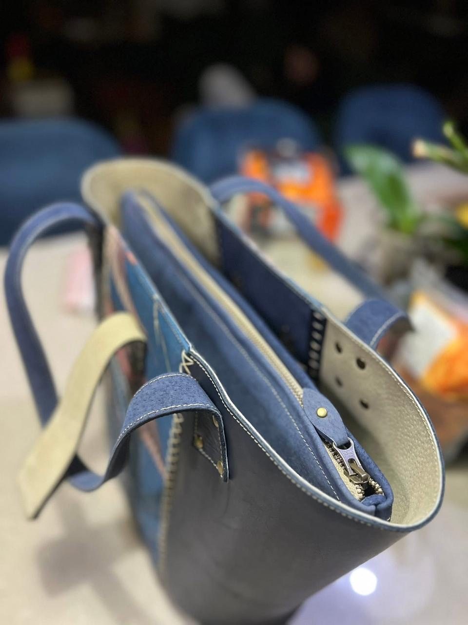 Interior detail of a navy leather tote