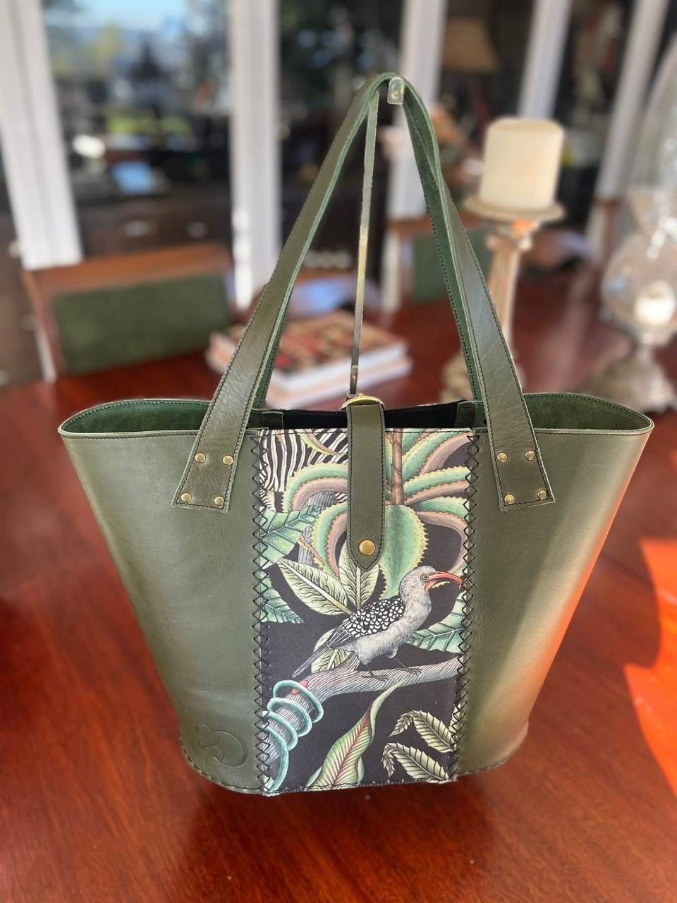 Olive leather tote with hornbill tapestry panel