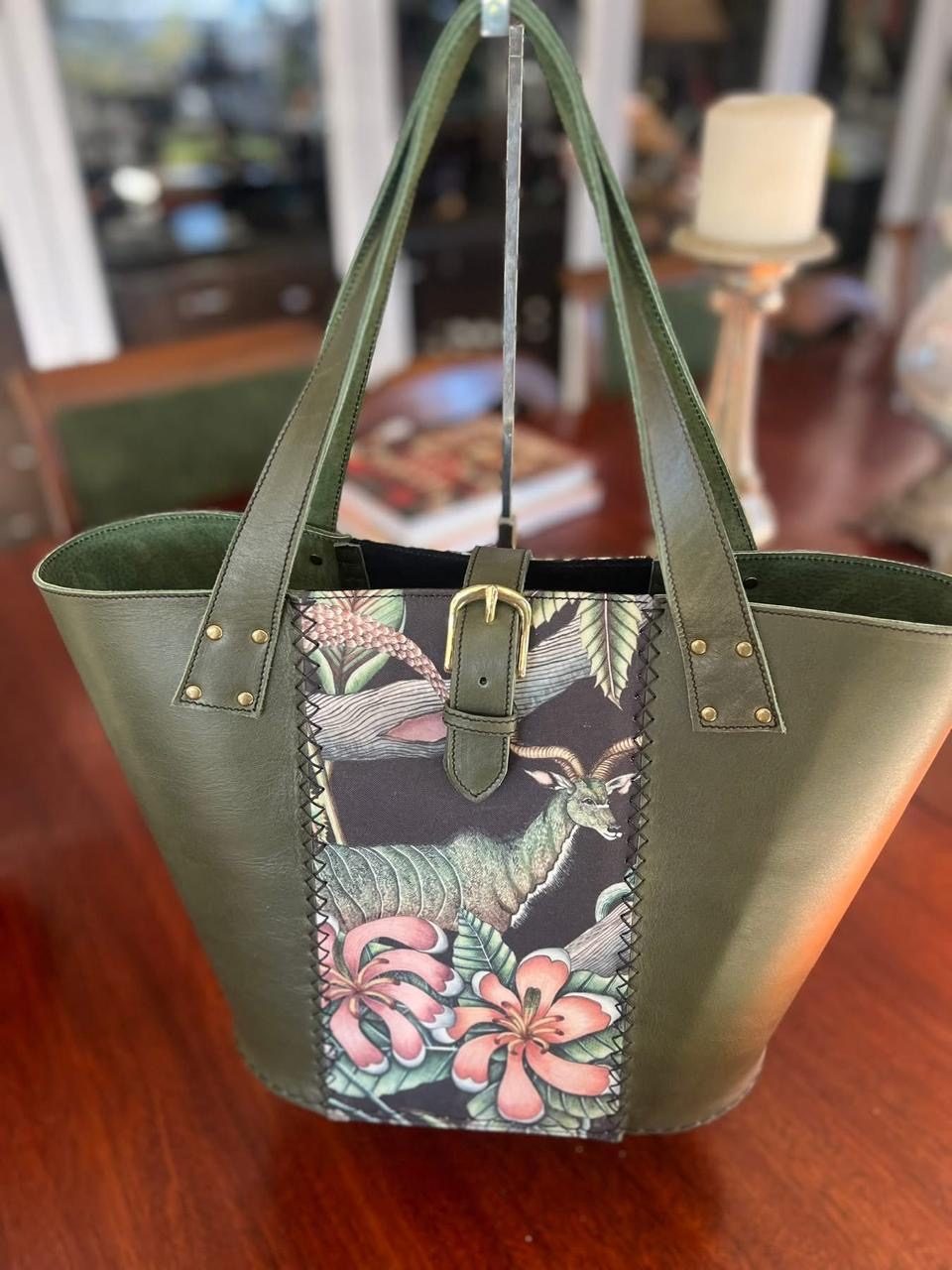 Olive leather tote with kudu tapestry panel