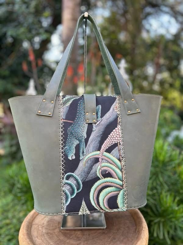 Olive-grey leather tote with leopard tapestry panel