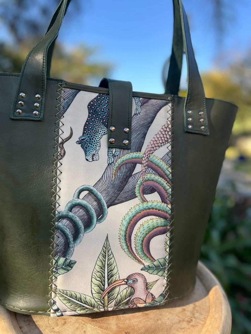 Olive leather tote with leopard and snake panel