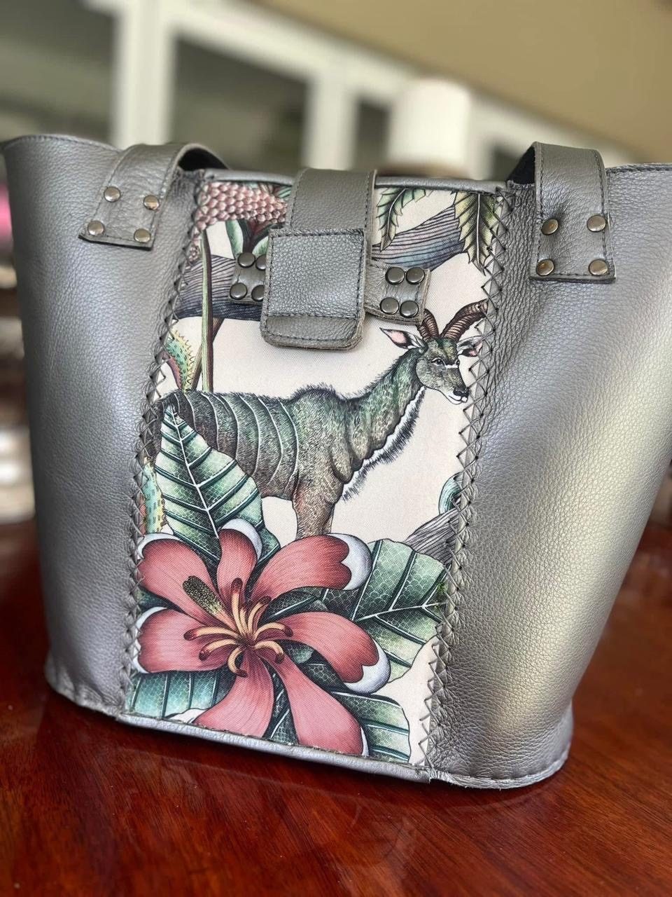 Pewter leather tote with kudu and floral panel