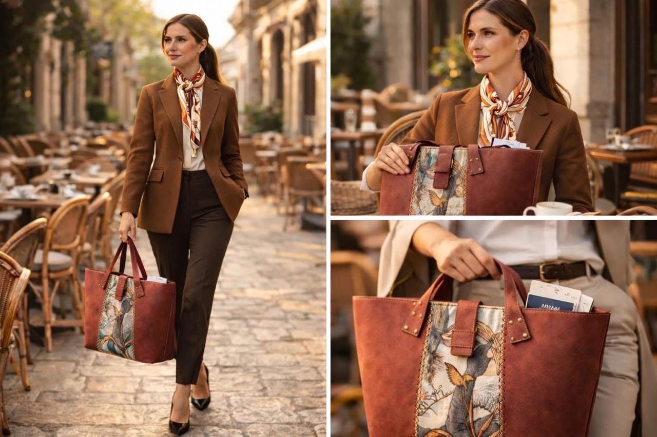 Rust leather tote with bird tapestry panel