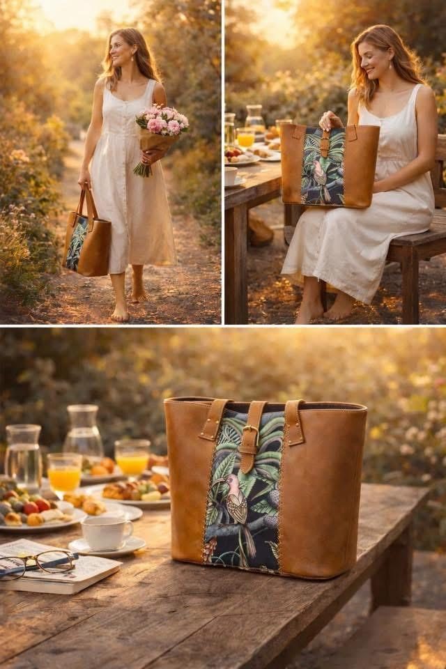 Tan leather tote with bird tapestry panel, worn outdoors