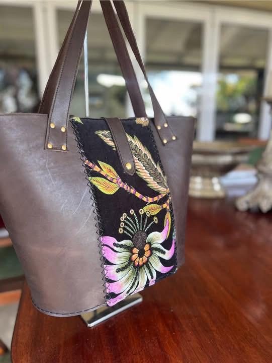 Taupe leather tote with floral tapestry panel