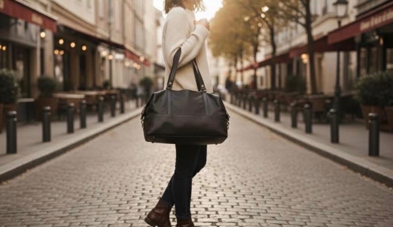 Tan leather weekender bag while travelling by train