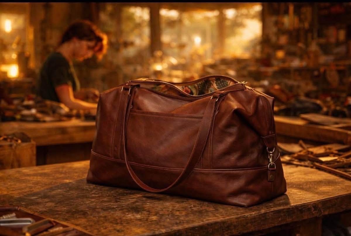 Charlotte at work in the background, brown leather duffle in the foreground