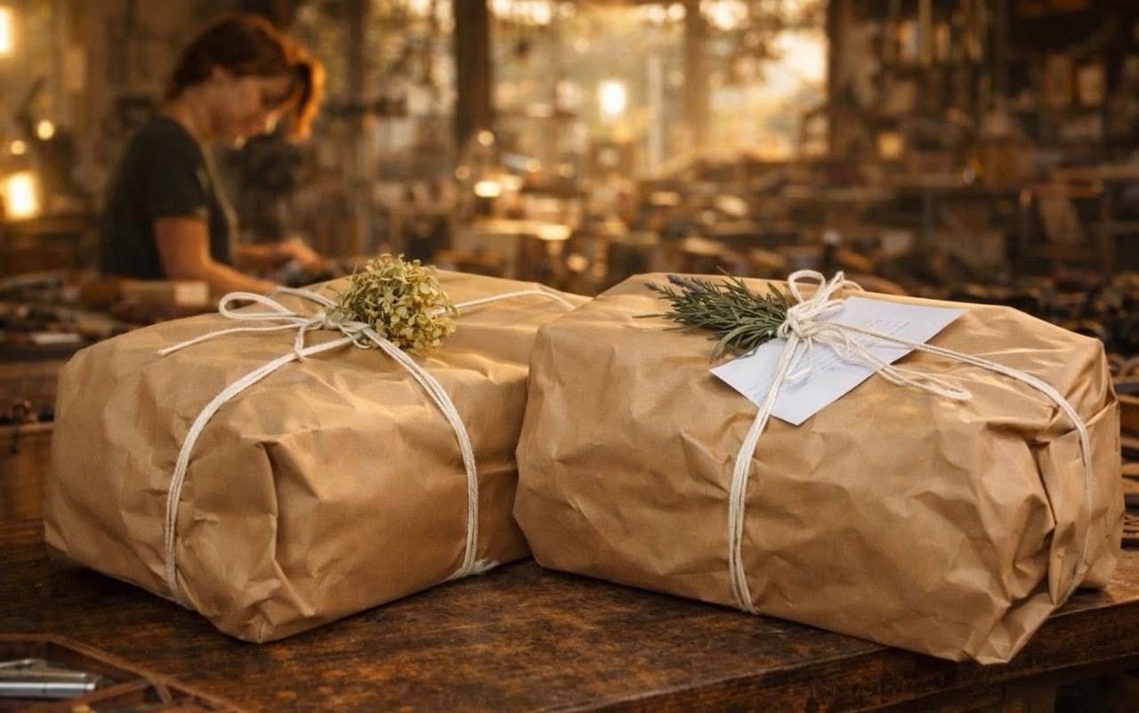 Finished orders wrapped by hand, ready to send